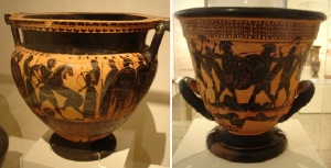 Attic black figure vases, Hercules and lion, and a Homeric battle 550-530 BC - source Archaeological Museum, Athens